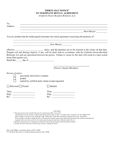 30 day notice to terminate rental agreement