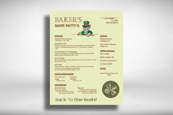 Baker Restaurant St. Patrick's Day Menu