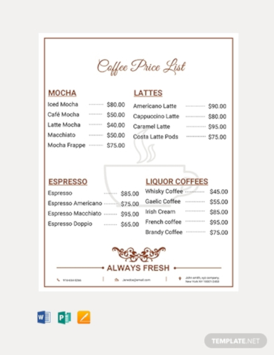 coffee shop price list