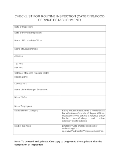 comprehensive catering routine inspection checklist