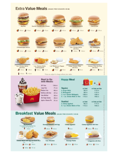 fast food price list