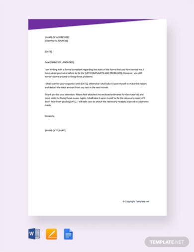 formal tenant complaint letter to landlord