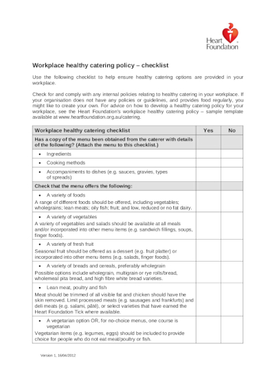 healthy catering policy checklist