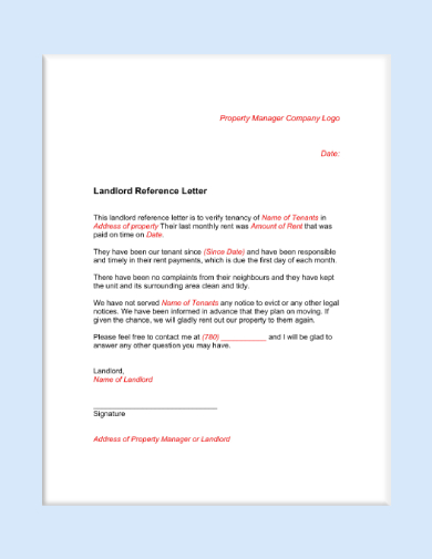 Landlord Reference Letter for Tenant