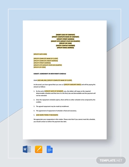 Letter Agreement on Repayment Schedule Template