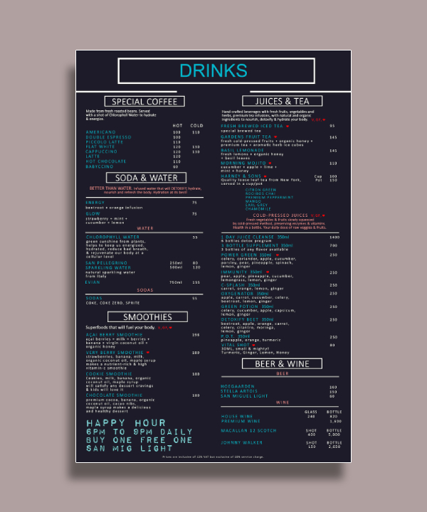 neon drink menu