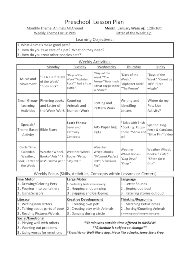 Preschool Lesson Plan Examples Format Pdf Examples