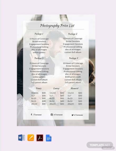 photography price list