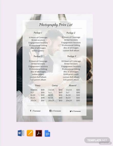 Photography Price List