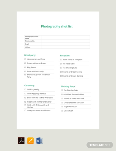 Photography Shot List