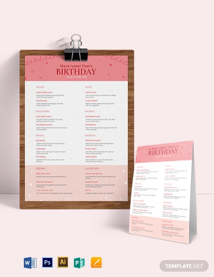 pink birthday menu template