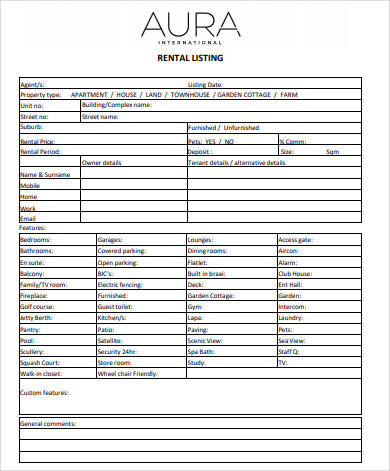 Rental Property Listing Sheet