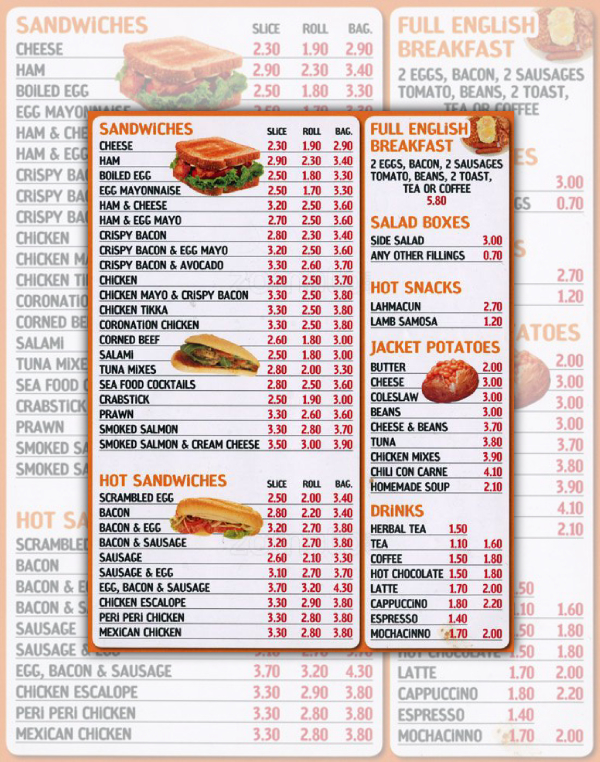 sandwich bar menu