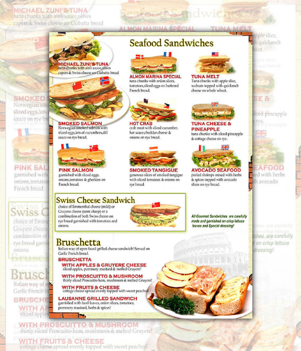 Sandwich menu shop list