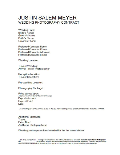standard wedding photography contract
