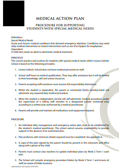 student special medical action plan