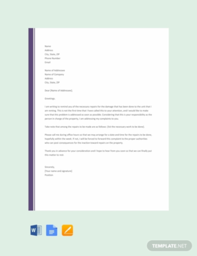 tenant complaint letter to landlord about repair template