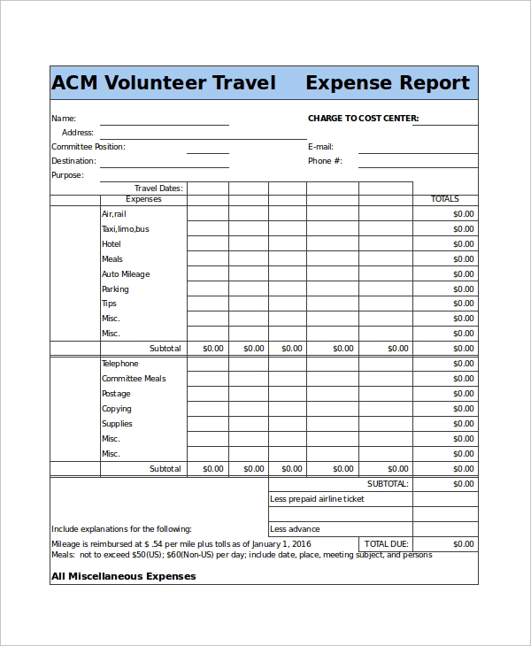 Example 1: Nonprofit Template for Volunteer Travel Expense Report