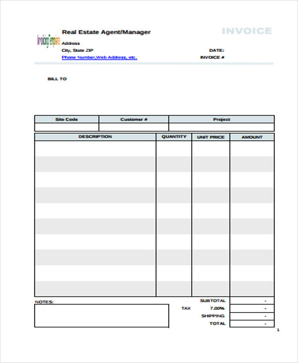 Real Estate Agent Commission Invoice Template