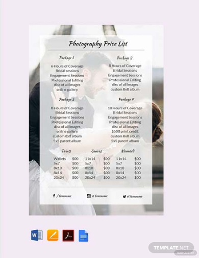basic photography price list