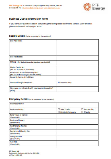 business quote information form