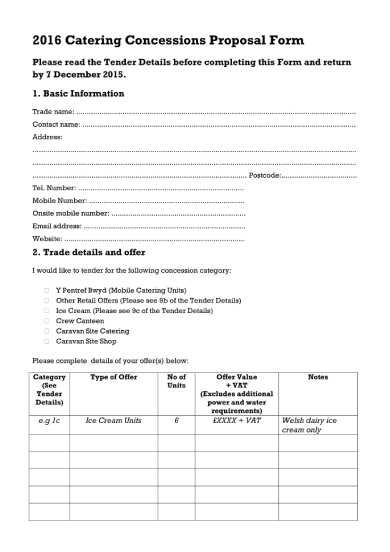 catering concessions proposal form