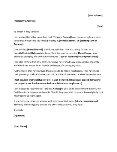 Reference Letter Sample For Rental Property