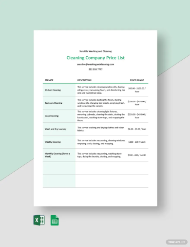 cleaning company price list template