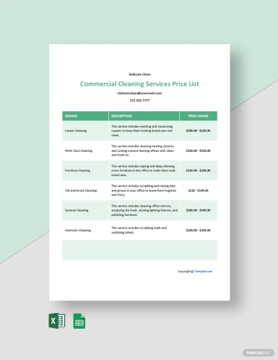 commercial cleaning services price list template