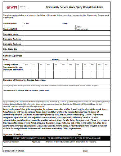 community service work study completion form 
