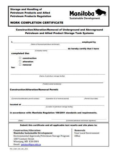 Construction Work Completion Certificate
