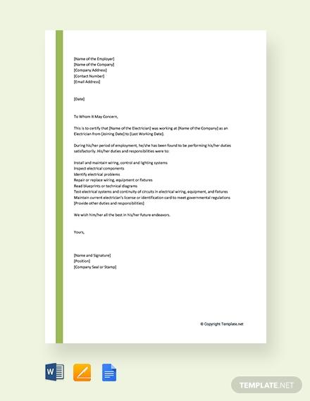 electrician work experience letter