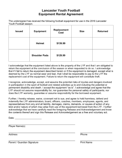 football equipment rental agreement