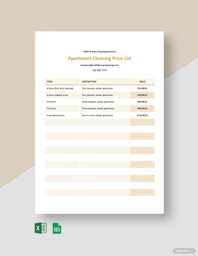 free apartment cleaning price list template