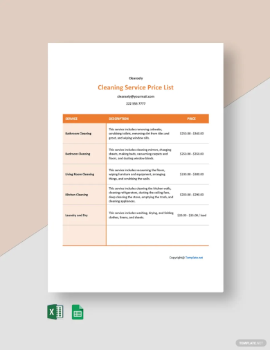 free basic cleaning service price list template