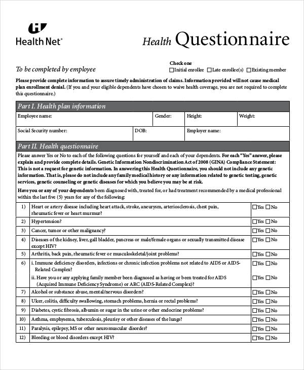 free health medical questionnaire template