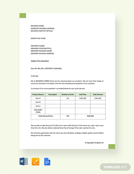 free price quotation letter