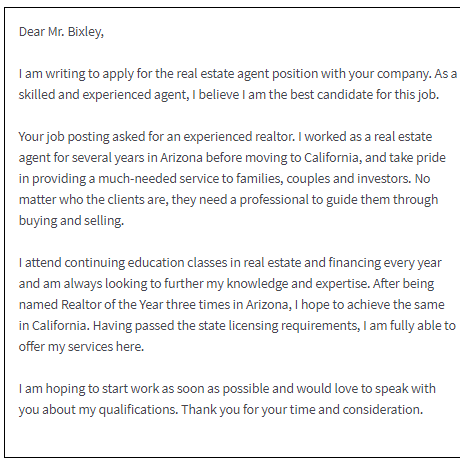 Real Estate Agent Cover Letter - 13+ Examples, Format, Sample | Examples