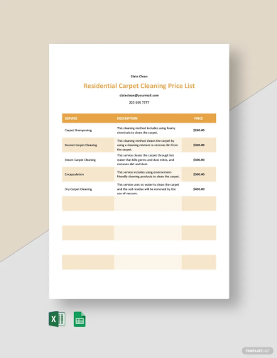 Free Residential Carpet Cleaning Price List Template