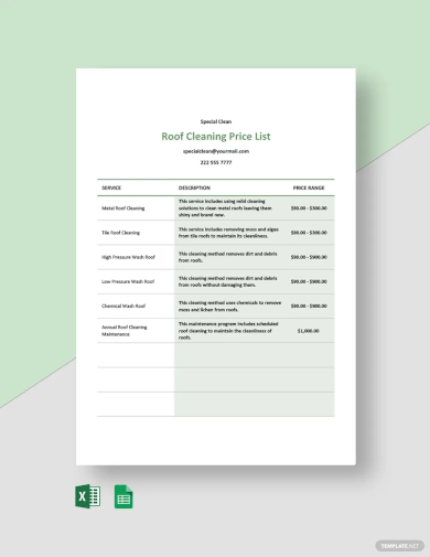 free roof cleaning price list template