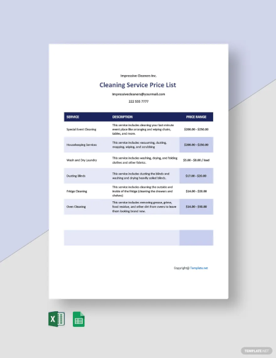 free sample cleaning service price list template