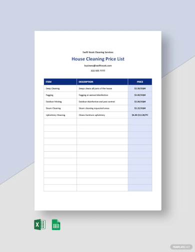 home cleaning services price list template