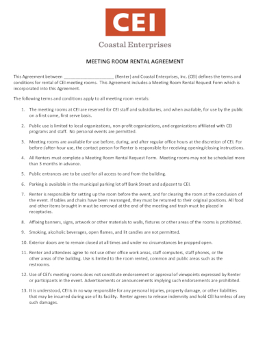 meeting room rental agreement with request form