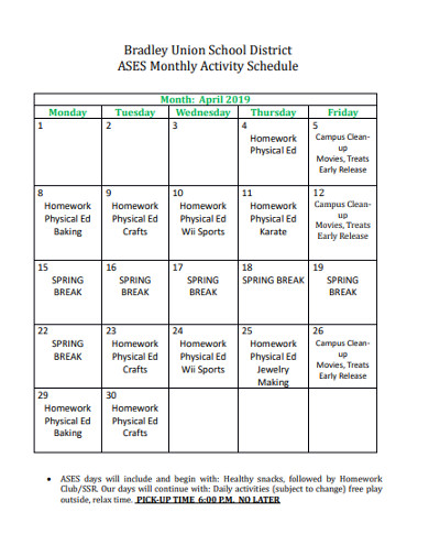 monthly activity schedule