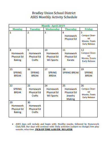 Monthly Activity Schedule