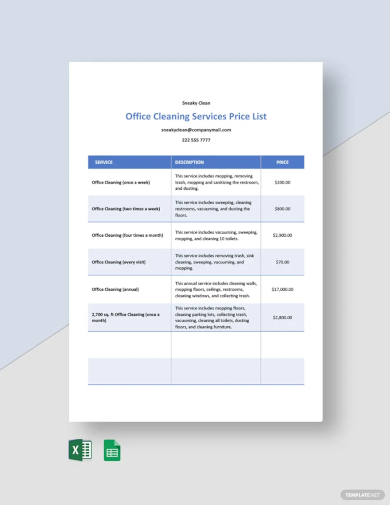 office cleaning services price list template