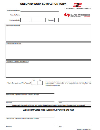 on board work completion form