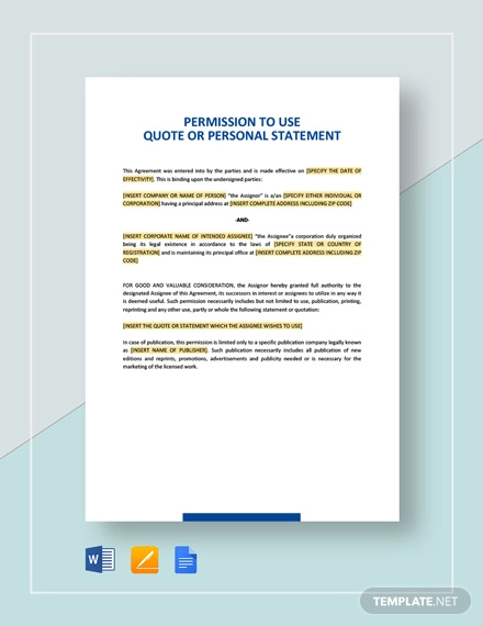 permission to use quote or personal statement template