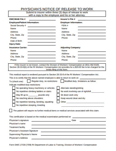 physicians notice to work release form