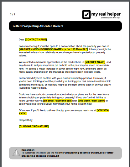 prospecting absentee owner follow up letter